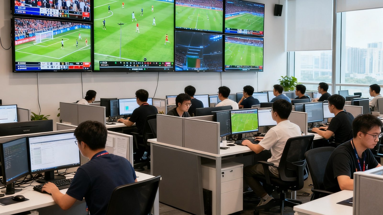 人人体育深圳总部办公室内,约40名员工在开放式工位上专注工作,墙上挂着多块赛事直播监控屏幕,显示着全球各地正在进行的体育比赛。