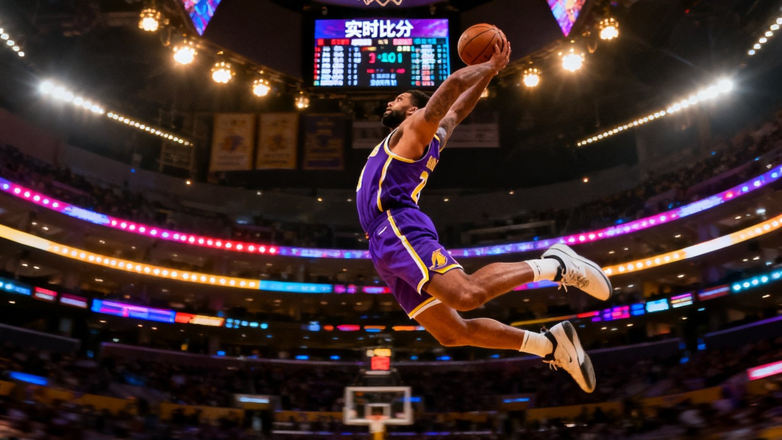NBA比赛现场,一名身穿紫色球衣的球员飞身扣篮,球馆内灯光绚丽,大屏幕闪烁着实时比分和数据统计。