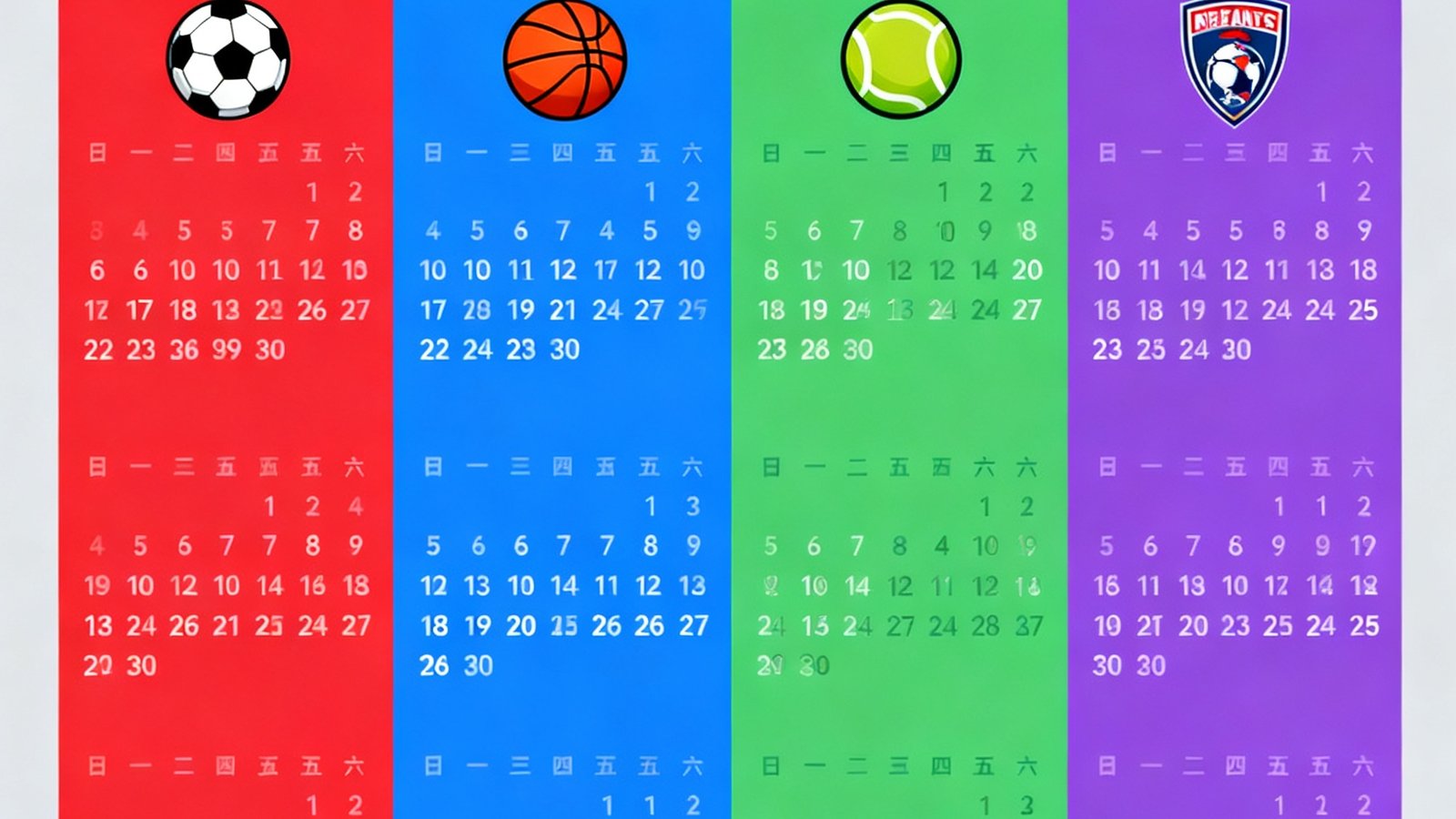 一份设计精美的体育赛程日历,不同颜色标记着足球、篮球、网球和电竞的比赛日期,旁边配有各队队徽图标。