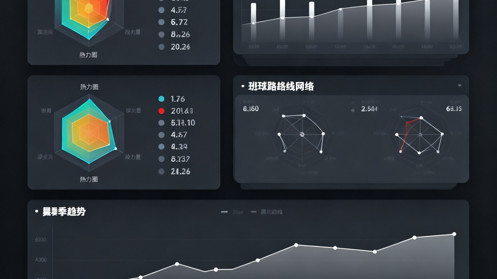 深色背景的数据仪表盘界面,展示着球员的详细技术统计图表,包括热力图、传球路线网络和赛季趋势折线图。
